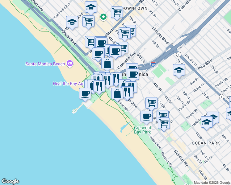 map of restaurants, bars, coffee shops, grocery stores, and more near 25 Arcadia Terrace in Santa Monica