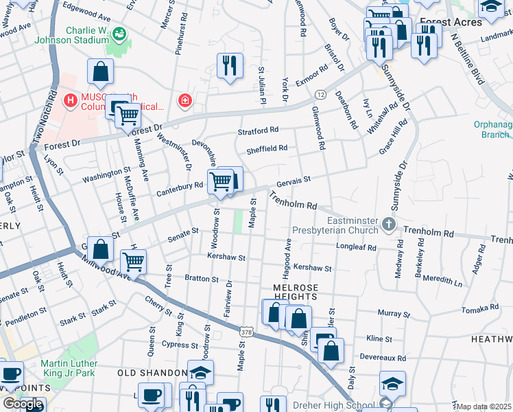 map of restaurants, bars, coffee shops, grocery stores, and more near 1600 Maple Street in Columbia