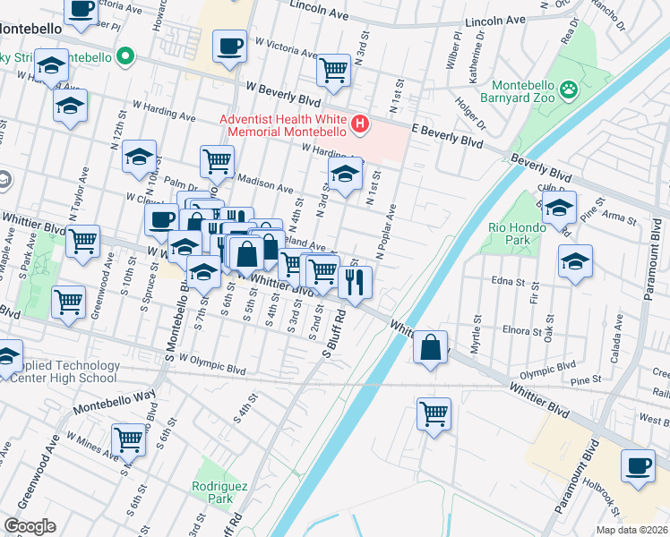 map of restaurants, bars, coffee shops, grocery stores, and more near 128 North 2nd Street in Montebello
