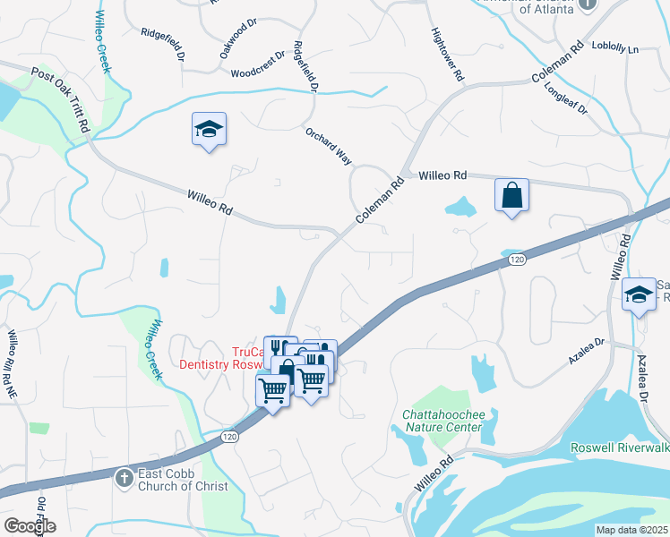 map of restaurants, bars, coffee shops, grocery stores, and more near 6000 Hampton Bluff Way in Roswell