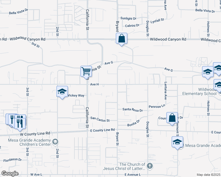map of restaurants, bars, coffee shops, grocery stores, and more near 13456 Bryant Street in Yucaipa