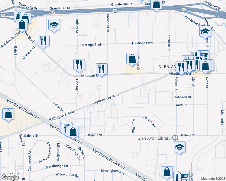 map of restaurants, bars, coffee shops, grocery stores, and more near 4322 Campbell Street in Riverside