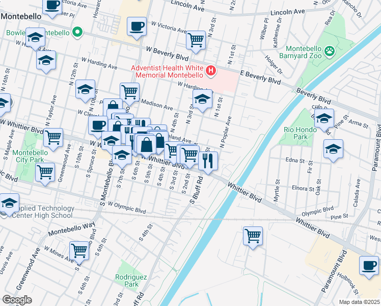 map of restaurants, bars, coffee shops, grocery stores, and more near 310 West Whittier Boulevard in Montebello