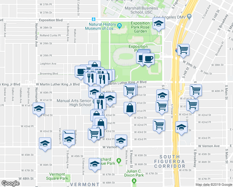 map of restaurants, bars, coffee shops, grocery stores, and more near 831 West 41st Street in Los Angeles