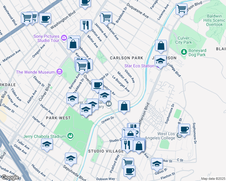 map of restaurants, bars, coffee shops, grocery stores, and more near 4373 Keystone Avenue in Culver City