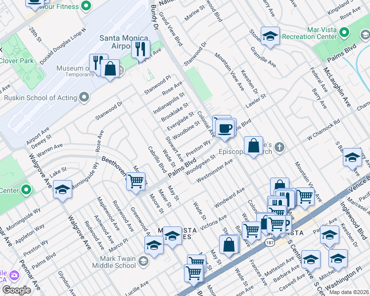 map of restaurants, bars, coffee shops, grocery stores, and more near 12560 Preston Way in Los Angeles