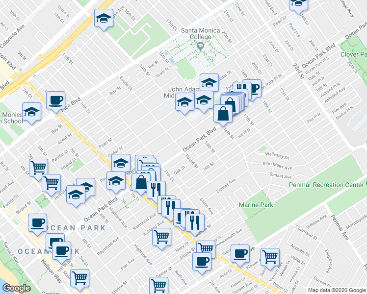 map of restaurants, bars, coffee shops, grocery stores, and more near 1302 Ocean Park Boulevard in Santa Monica
