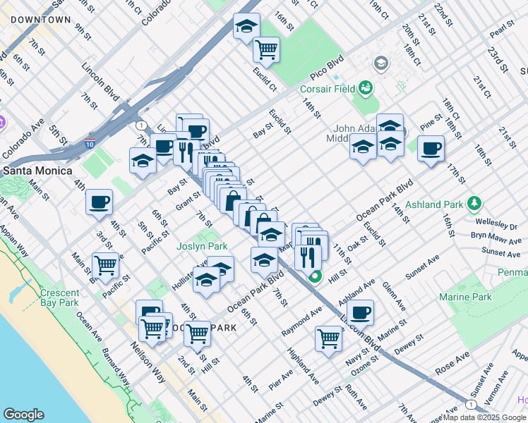 map of restaurants, bars, coffee shops, grocery stores, and more near 844 Cedar Street in Santa Monica