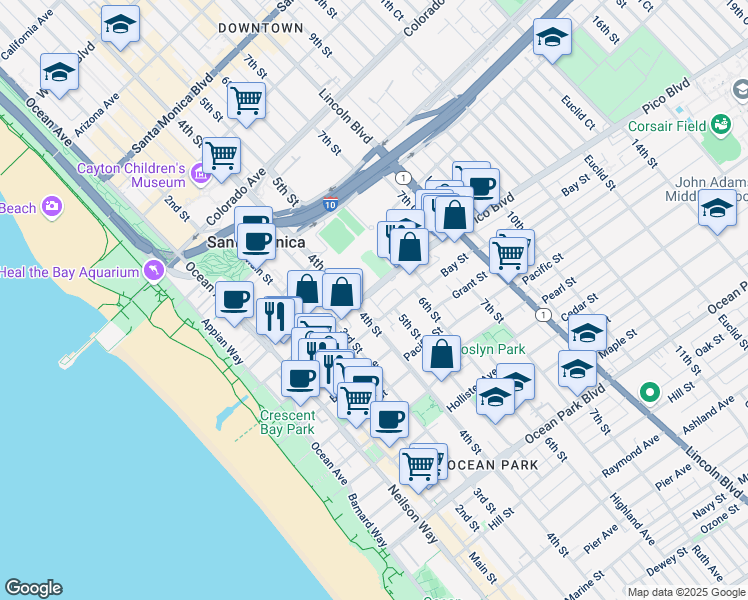map of restaurants, bars, coffee shops, grocery stores, and more near 1917 4th Street in Santa Monica