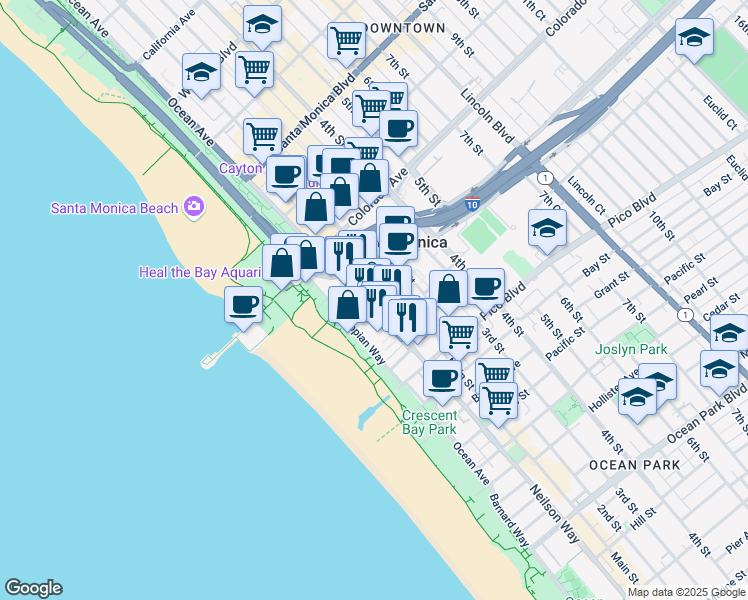 map of restaurants, bars, coffee shops, grocery stores, and more near 1733 Ocean Avenue in Santa Monica