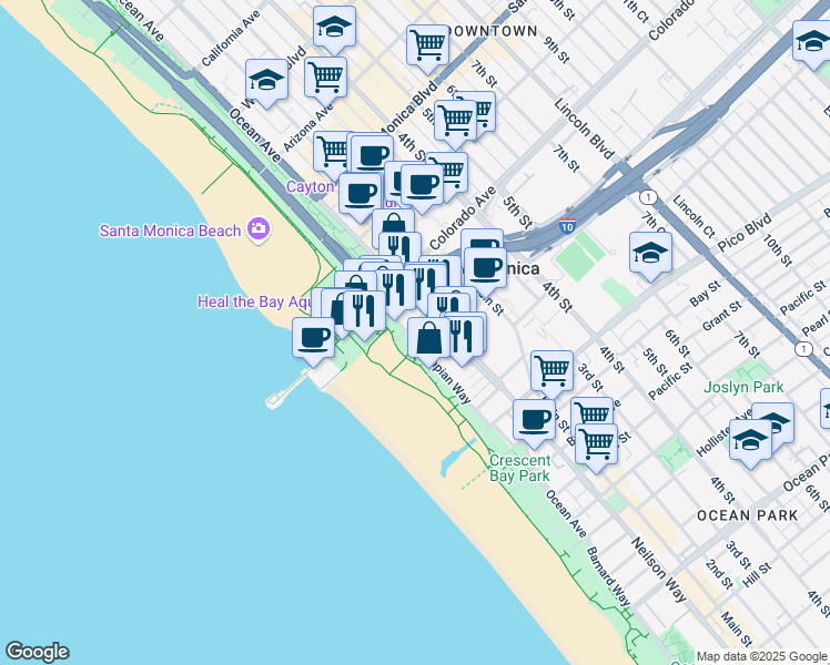 map of restaurants, bars, coffee shops, grocery stores, and more near 1667 Appian Way in Santa Monica