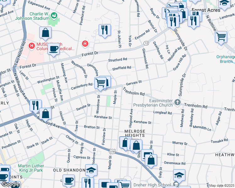 map of restaurants, bars, coffee shops, grocery stores, and more near 1527 Gladden Street in Columbia
