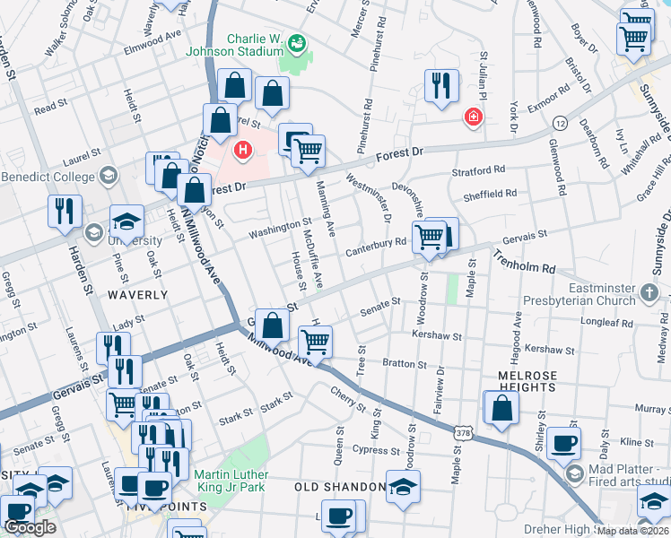 map of restaurants, bars, coffee shops, grocery stores, and more near 1210 McDuffie Avenue in Columbia