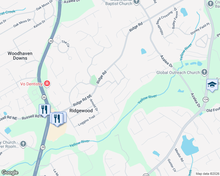 map of restaurants, bars, coffee shops, grocery stores, and more near 939 Park Knoll Court Northeast in Lawrenceville