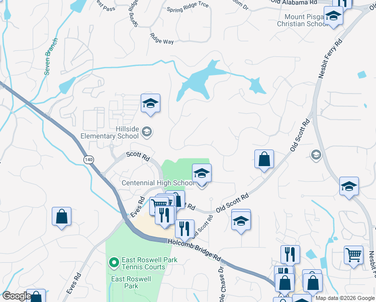 map of restaurants, bars, coffee shops, grocery stores, and more near 9325 Nesbit Lakes Drive in Alpharetta