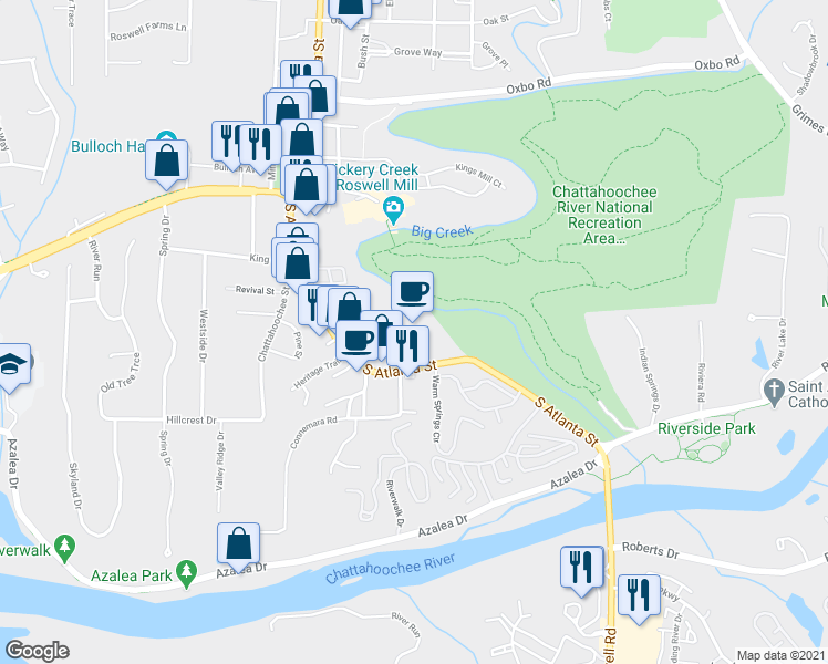 map of restaurants, bars, coffee shops, grocery stores, and more near 4130 Overland Drive in Roswell