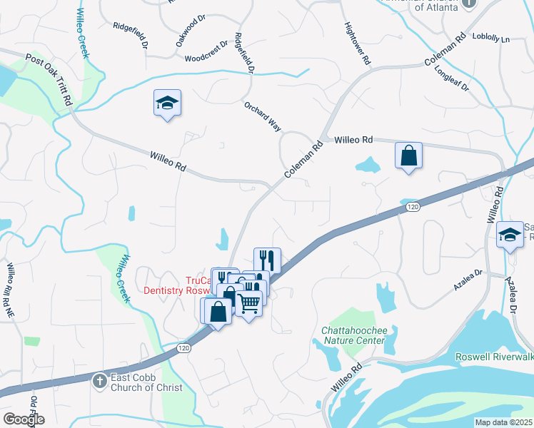 map of restaurants, bars, coffee shops, grocery stores, and more near 6000 Hampton Bluff Way in Roswell