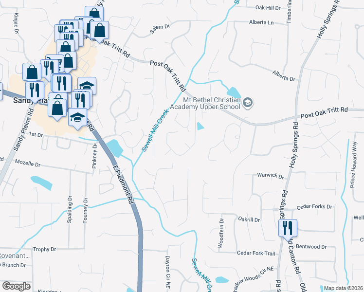map of restaurants, bars, coffee shops, grocery stores, and more near 2117 Charmarie Court in Marietta