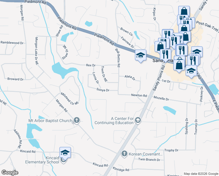 map of restaurants, bars, coffee shops, grocery stores, and more near 1644 Sonya Drive in Marietta