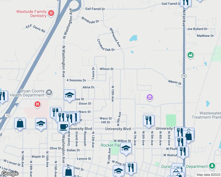 map of restaurants, bars, coffee shops, grocery stores, and more near 1712 Lahoma Circle in Durant