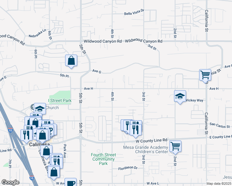 map of restaurants, bars, coffee shops, grocery stores, and more near 13421 4th Street in Yucaipa