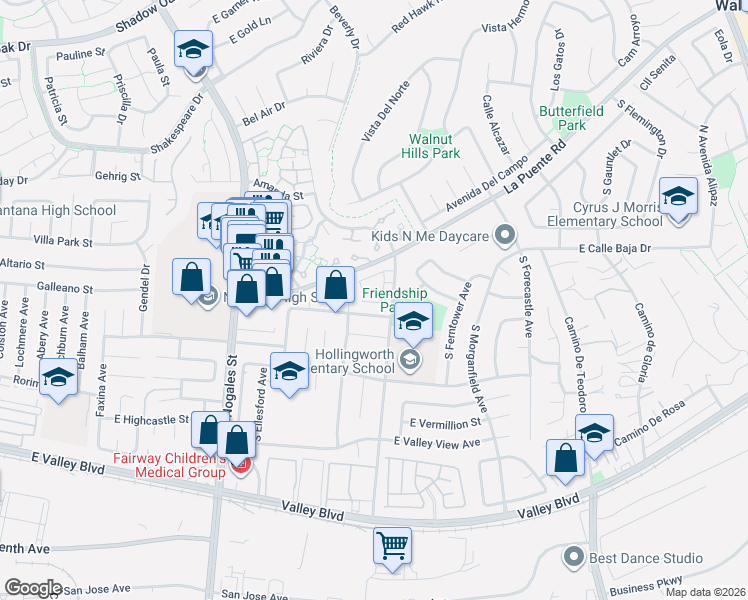 map of restaurants, bars, coffee shops, grocery stores, and more near 19245 East Elberland Street in West Covina