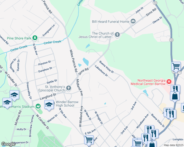 map of restaurants, bars, coffee shops, grocery stores, and more near 154 Williamsburg Way in Winder