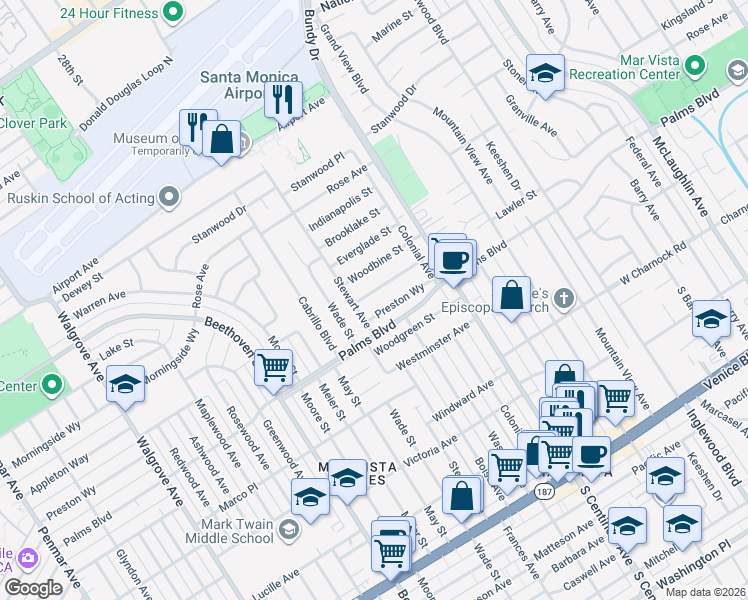 map of restaurants, bars, coffee shops, grocery stores, and more near 12560 Preston Way in Los Angeles