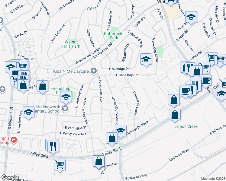 map of restaurants, bars, coffee shops, grocery stores, and more near 370 Camino De Teodoro in Walnut