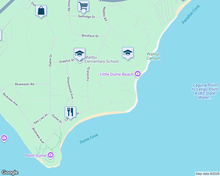 map of restaurants, bars, coffee shops, grocery stores, and more near 28815 Bison Court in Malibu