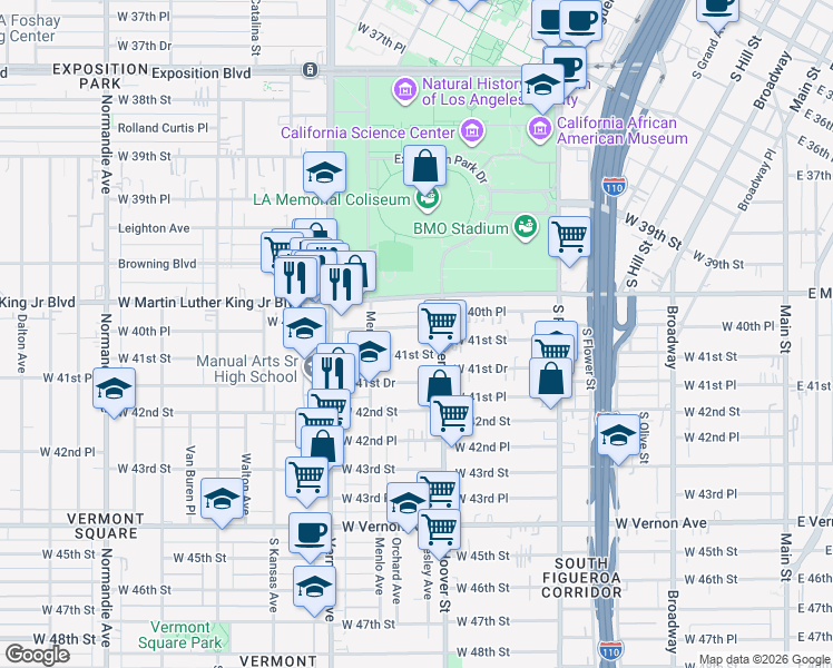 map of restaurants, bars, coffee shops, grocery stores, and more near 825 West 40th Place in Los Angeles