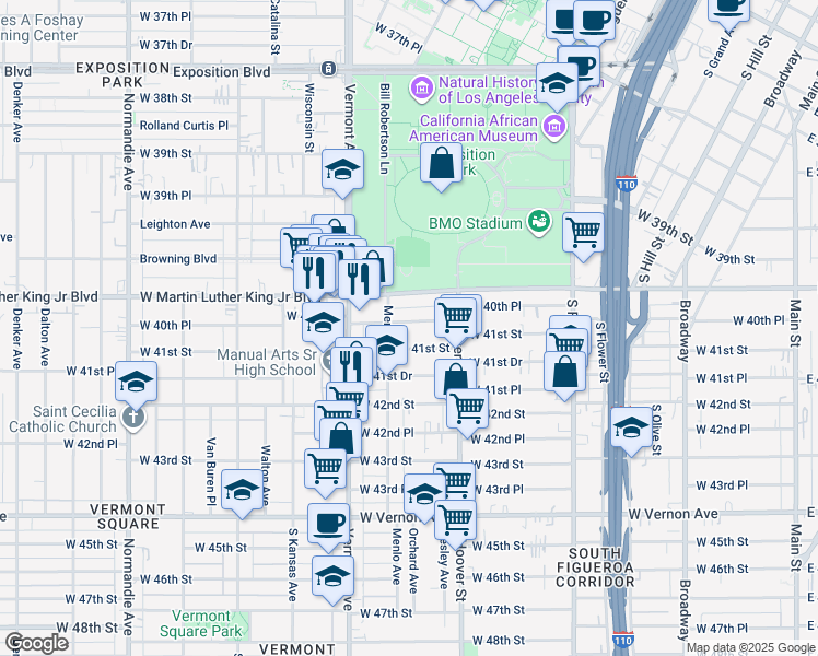 map of restaurants, bars, coffee shops, grocery stores, and more near 854 West 40th Place in Los Angeles
