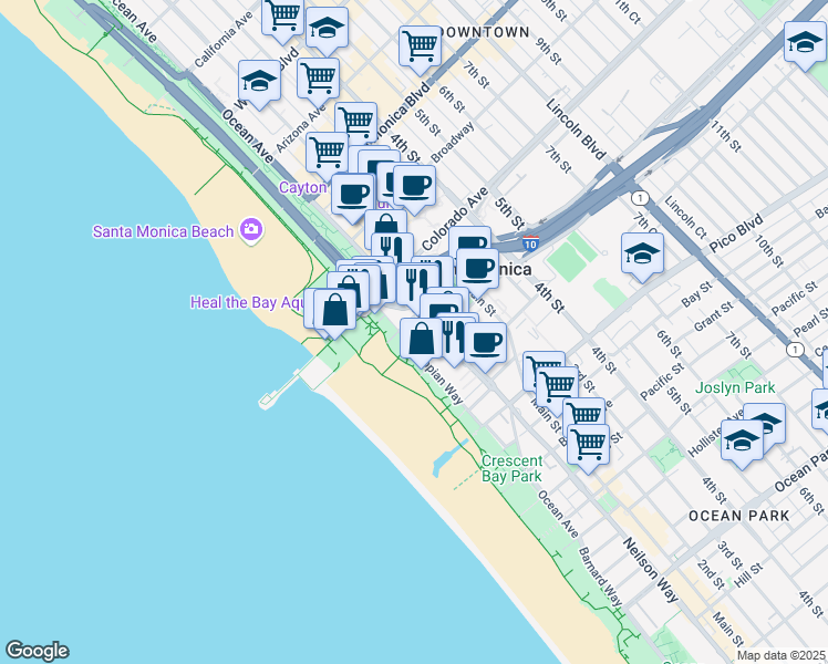 map of restaurants, bars, coffee shops, grocery stores, and more near 25 Arcadia Terrace in Santa Monica