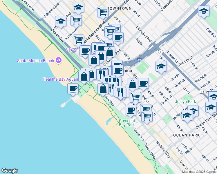 map of restaurants, bars, coffee shops, grocery stores, and more near 1701 Ocean Avenue in Santa Monica