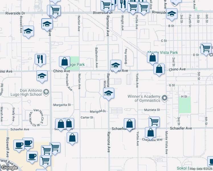 map of restaurants, bars, coffee shops, grocery stores, and more near 13423 Wisteria Place in Chino