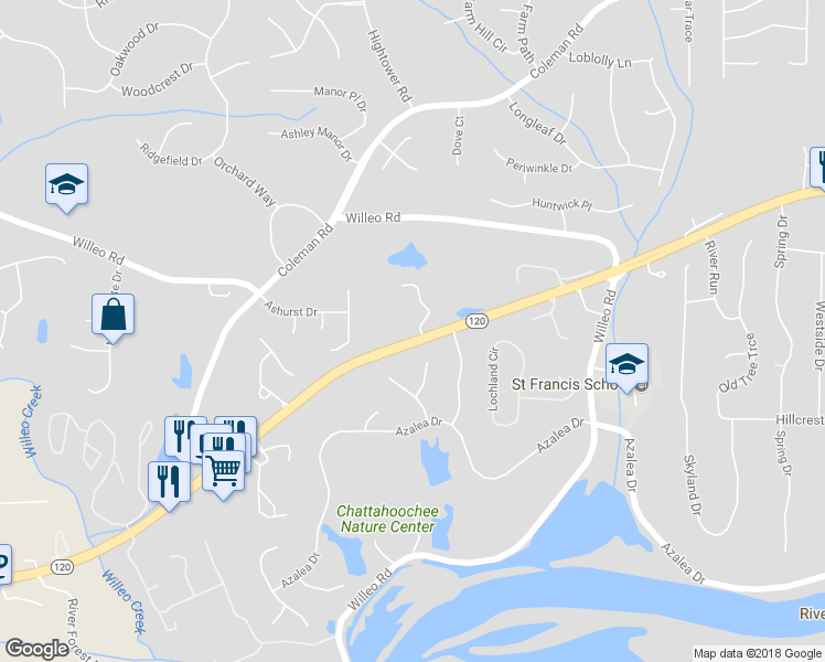 map of restaurants, bars, coffee shops, grocery stores, and more near 105 Lullwater Court in Roswell