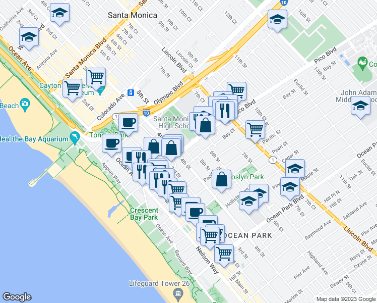 map of restaurants, bars, coffee shops, grocery stores, and more near 420 Pico Boulevard in Santa Monica