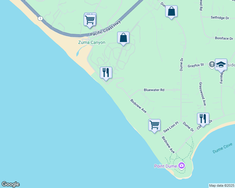 map of restaurants, bars, coffee shops, grocery stores, and more near 7007 Birdview Avenue in Malibu