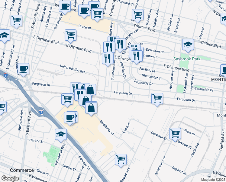 map of restaurants, bars, coffee shops, grocery stores, and more near 1538 Simmons Avenue in East Los Angeles