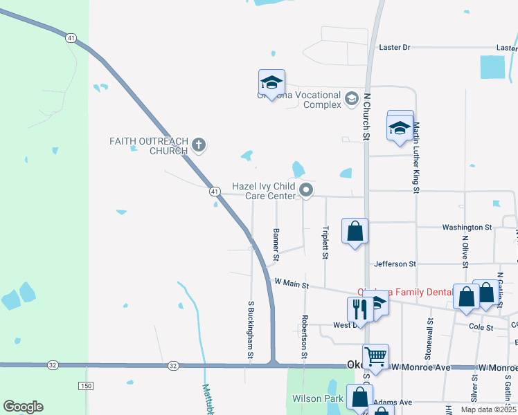 map of restaurants, bars, coffee shops, grocery stores, and more near 261-399 N Buckingham St in Okolona