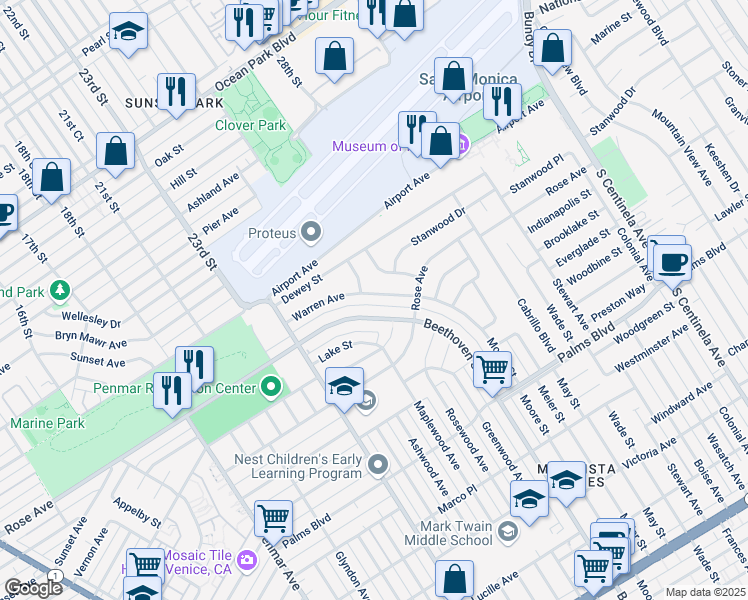 map of restaurants, bars, coffee shops, grocery stores, and more near 13101 Rose Avenue in Los Angeles
