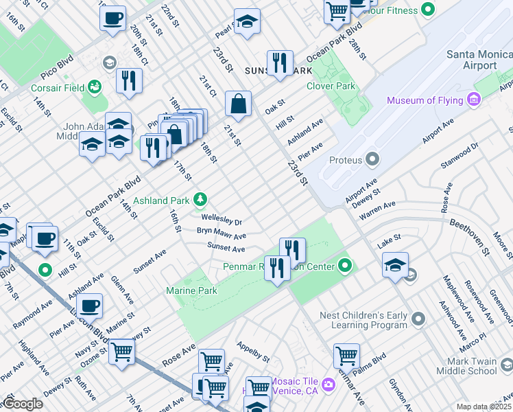 map of restaurants, bars, coffee shops, grocery stores, and more near 1818 Marine Street in Santa Monica