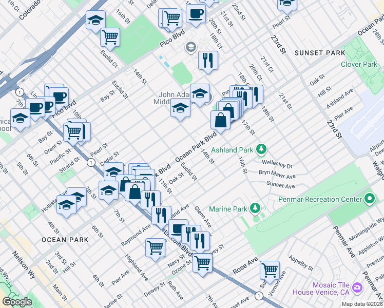 map of restaurants, bars, coffee shops, grocery stores, and more near 1332 Ocean Park Boulevard in Santa Monica