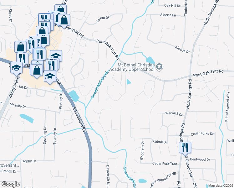 map of restaurants, bars, coffee shops, grocery stores, and more near 2117 Charmarie Court in Marietta