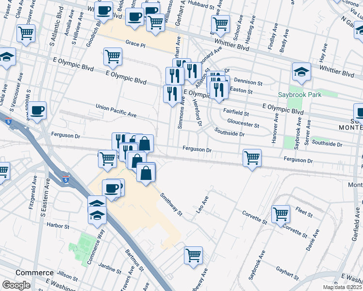 map of restaurants, bars, coffee shops, grocery stores, and more near 1538 Simmons Avenue in East Los Angeles