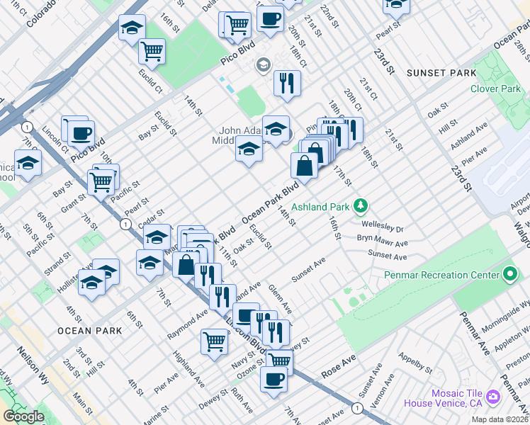 map of restaurants, bars, coffee shops, grocery stores, and more near 1332 Ocean Park Boulevard in Santa Monica