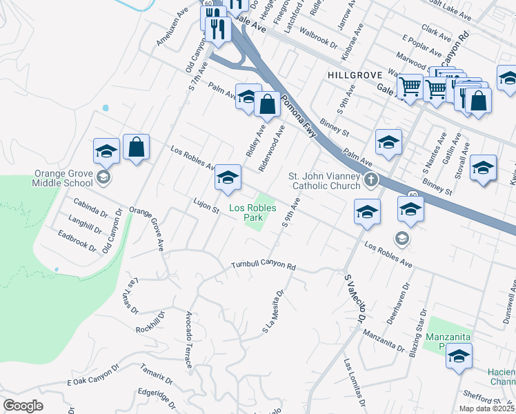 map of restaurants, bars, coffee shops, grocery stores, and more near 14906 Los Robles Avenue in Hacienda Heights