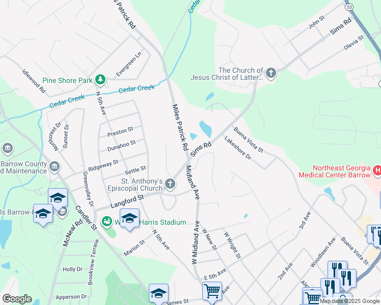 map of restaurants, bars, coffee shops, grocery stores, and more near 137 Sims Road in Winder