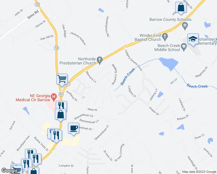 map of restaurants, bars, coffee shops, grocery stores, and more near 687 Majesty Crossing in Winder