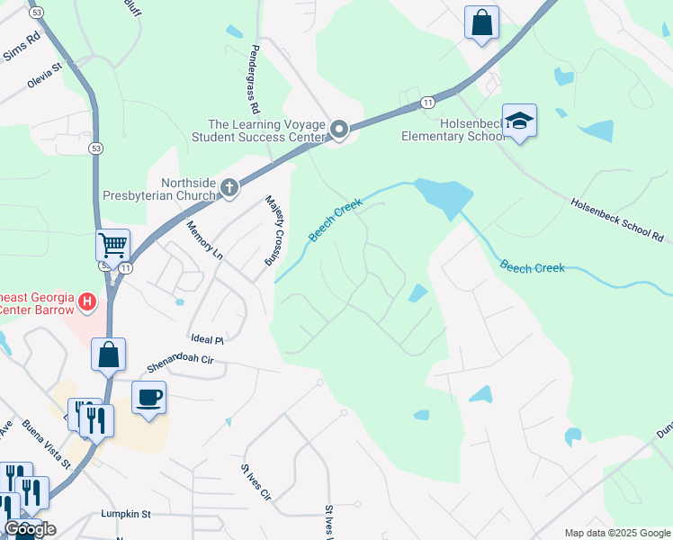 map of restaurants, bars, coffee shops, grocery stores, and more near 448 Banff Drive in Winder